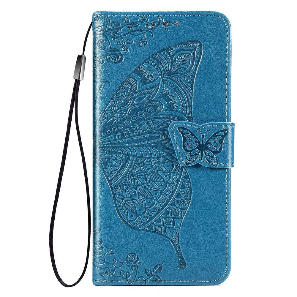 Big Butterfly Imprinting Leather Phone Shell for Samsung Galaxy M33 5G (Global Version), Full Coverage PU Leather Case with Stand Wallet + Handy Strap