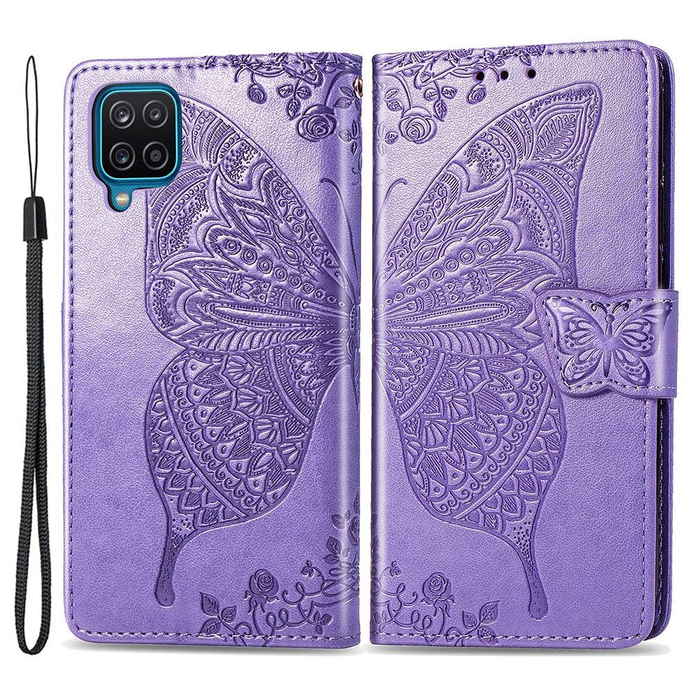Big Butterfly Imprinting Leather Phone Shell for Samsung Galaxy M33 5G (Global Version), Full Coverage PU Leather Case with Stand Wallet + Handy Strap