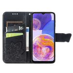 Stor sommerfuglprægning PU-lædertelefonetui til Samsung Galaxy A23 5G (Global Version), drop-preventivt stativ-pung-etui med praktisk rem