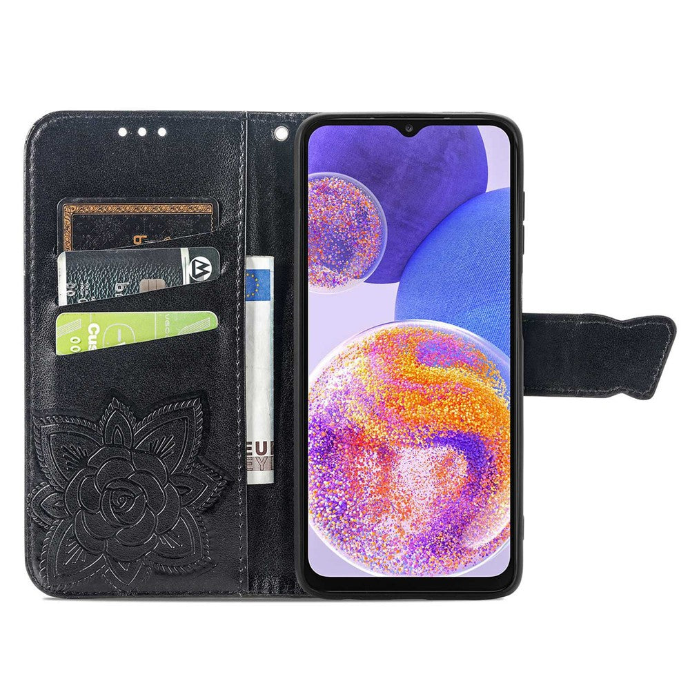 Stor sommerfuglprægning PU-lædertelefonetui til Samsung Galaxy A23 5G (Global Version), drop-preventivt stativ-pung-etui med praktisk rem