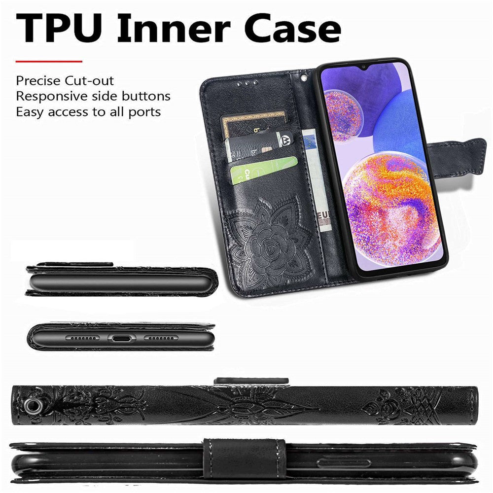 Stor sommerfuglprægning PU-lædertelefonetui til Samsung Galaxy A23 5G (Global Version), drop-preventivt stativ-pung-etui med praktisk rem