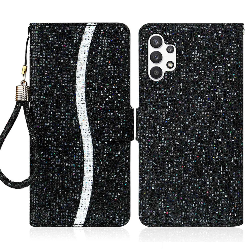Til Samsung Galaxy A13 4G Glitter Pailletter Splejsning Cover PU Læder Stander Aftagelig Håndledsrem Flip Tegnebog Telefon Etui