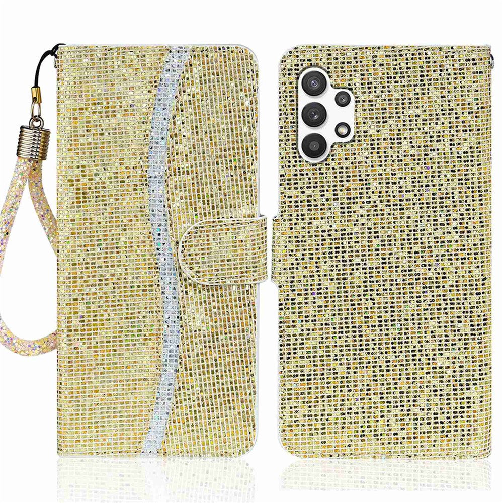 Til Samsung Galaxy A13 4G Glitter Pailletter Splejsning Cover PU Læder Stander Aftagelig Håndledsrem Flip Tegnebog Telefon Etui