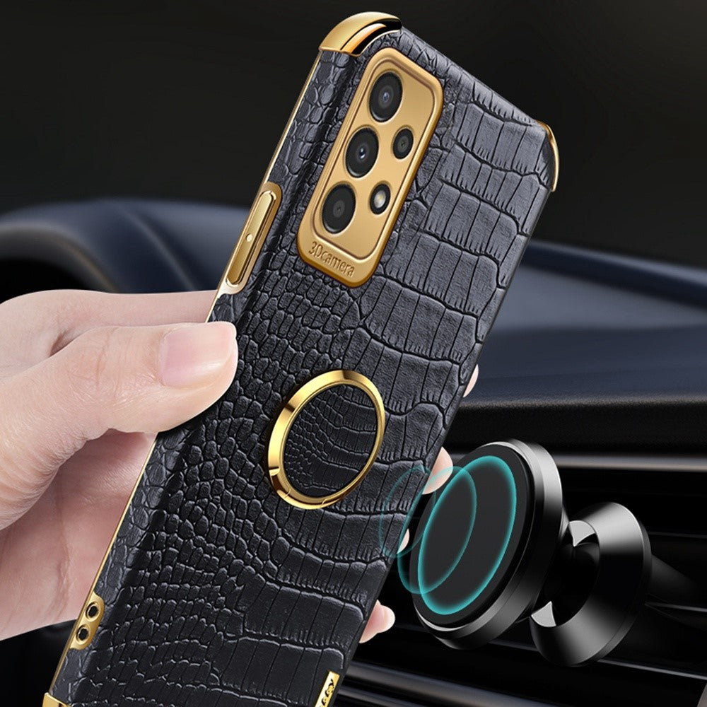 For Samsung Galaxy A13 4G Phone Case with Ring Holder Kickstand Anti-drop Precise Cutout Crocodile Texture Leather Coated TPU 6D Electroplated Scratch Resistant Shell