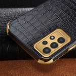 For Samsung Galaxy A13 4G Phone Case with Ring Holder Kickstand Anti-drop Precise Cutout Crocodile Texture Leather Coated TPU 6D Electroplated Scratch Resistant Shell