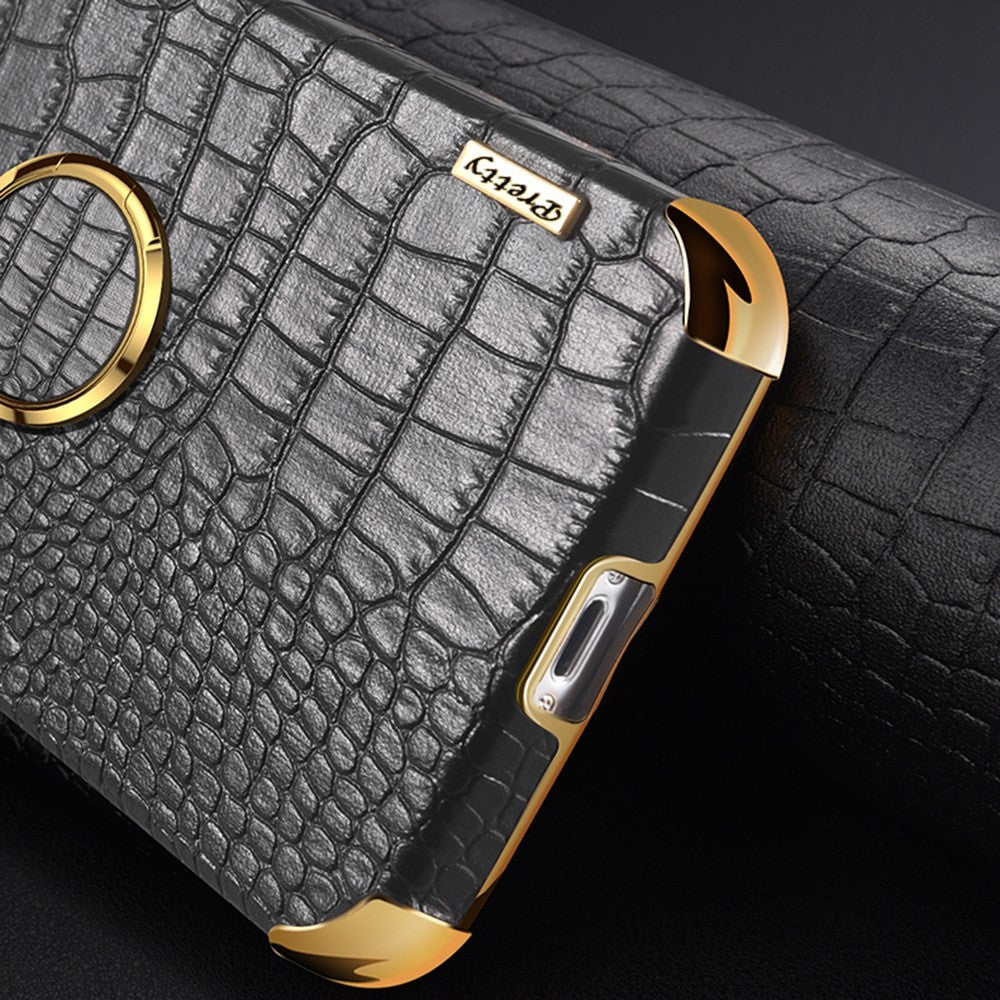 For Samsung Galaxy A13 4G Phone Case with Ring Holder Kickstand Anti-drop Precise Cutout Crocodile Texture Leather Coated TPU 6D Electroplated Scratch Resistant Shell