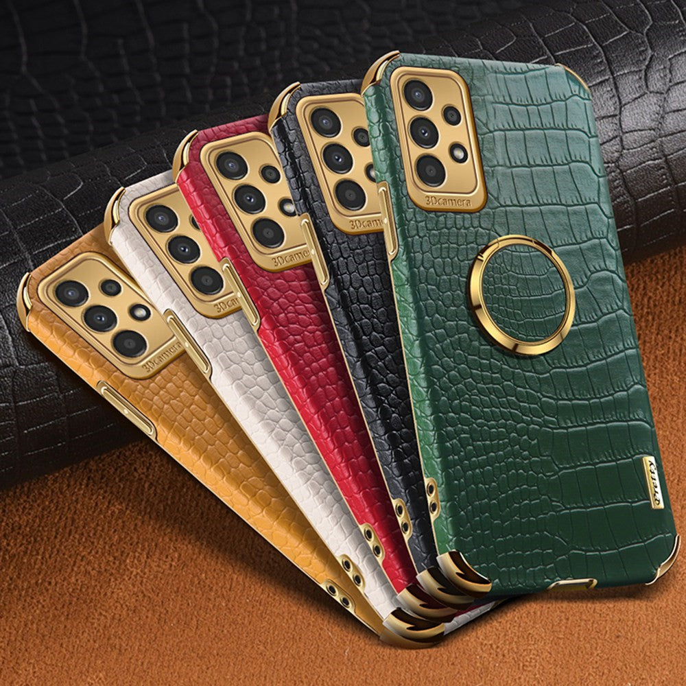 For Samsung Galaxy A13 4G Phone Case with Ring Holder Kickstand Anti-drop Precise Cutout Crocodile Texture Leather Coated TPU 6D Electroplated Scratch Resistant Shell