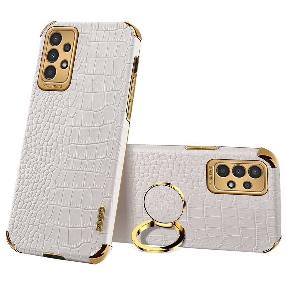 For Samsung Galaxy A13 4G Phone Case with Ring Holder Kickstand Anti-drop Precise Cutout Crocodile Texture Leather Coated TPU 6D Electroplated Scratch Resistant Shell