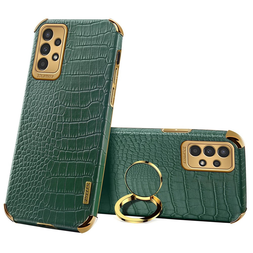 For Samsung Galaxy A13 4G Phone Case with Ring Holder Kickstand Anti-drop Precise Cutout Crocodile Texture Leather Coated TPU 6D Electroplated Scratch Resistant Shell