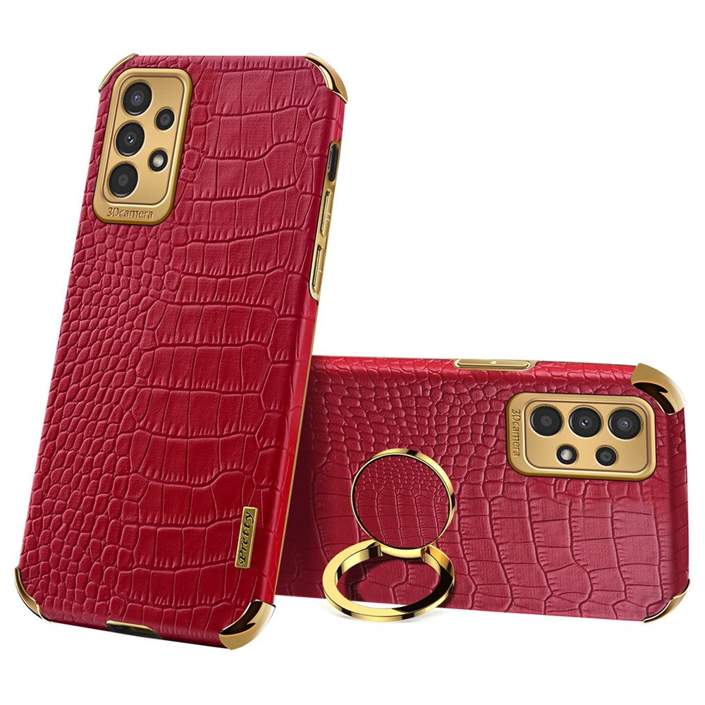For Samsung Galaxy A13 4G Phone Case with Ring Holder Kickstand Anti-drop Precise Cutout Crocodile Texture Leather Coated TPU 6D Electroplated Scratch Resistant Shell