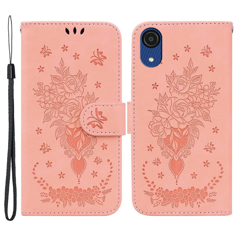 For Samsung Galaxy A03 Core Anti-Scratch Full Protection Cover Imprinting Roses Butterflies Pattern Shockproof Leather Case Wallet Stand with Strap