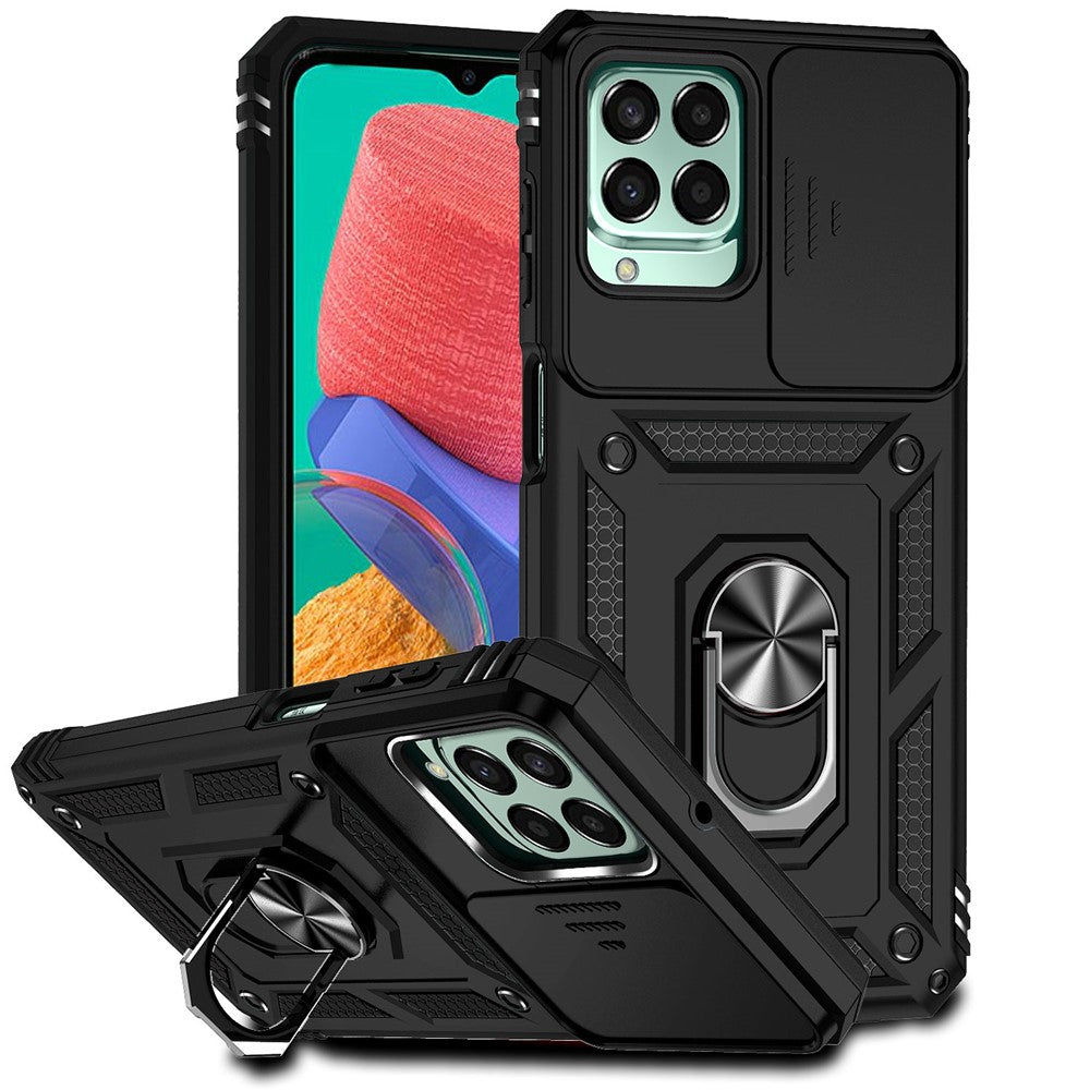 for Samsung Galaxy M33 5G (Global Version) Ring Kickstand Phone Case Anti-fall Protection Hard PC + TPU Shell with Slide Camera Protection Cover