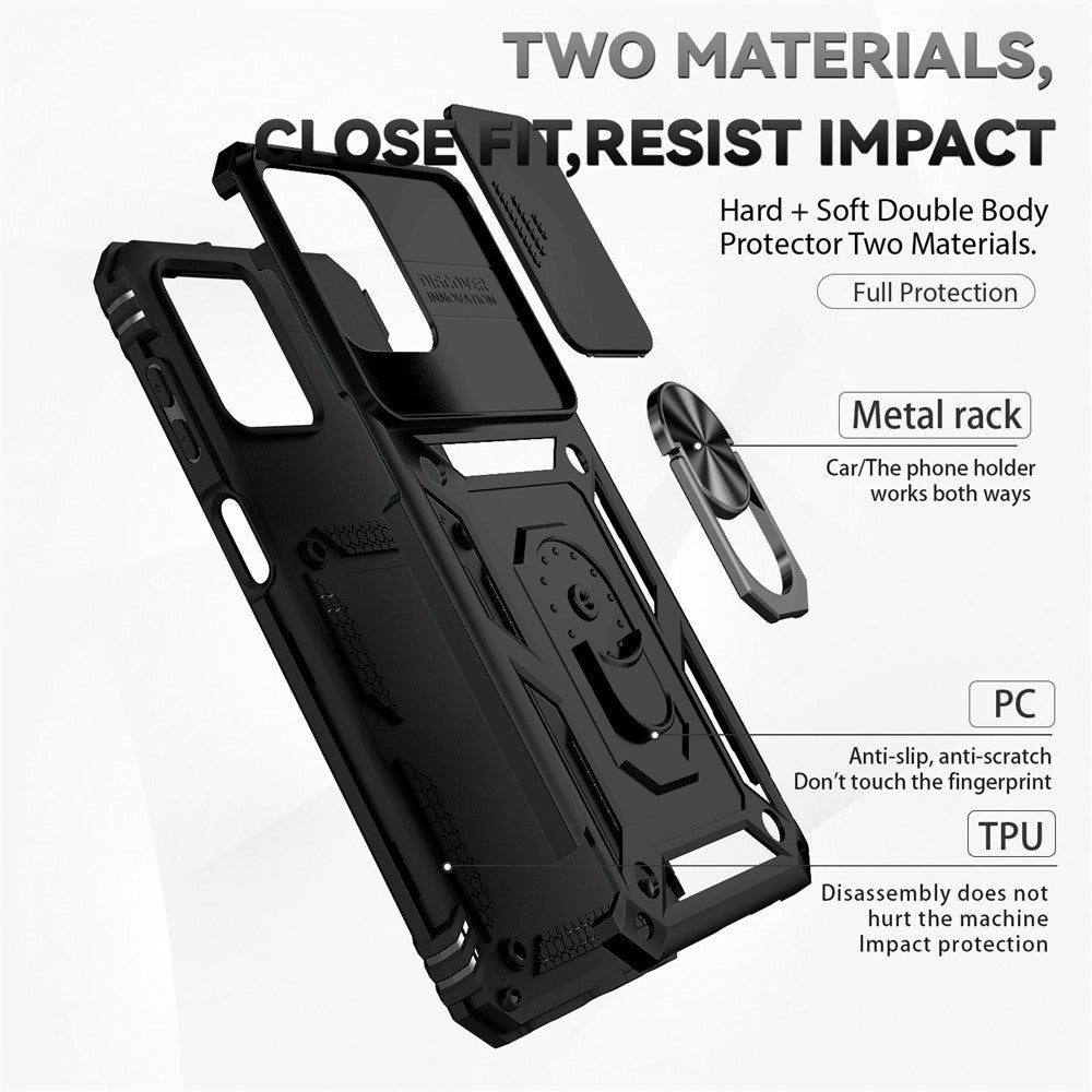 for Samsung Galaxy M33 5G (Global Version) Ring Kickstand Phone Case Anti-fall Protection Hard PC + TPU Shell with Slide Camera Protection Cover