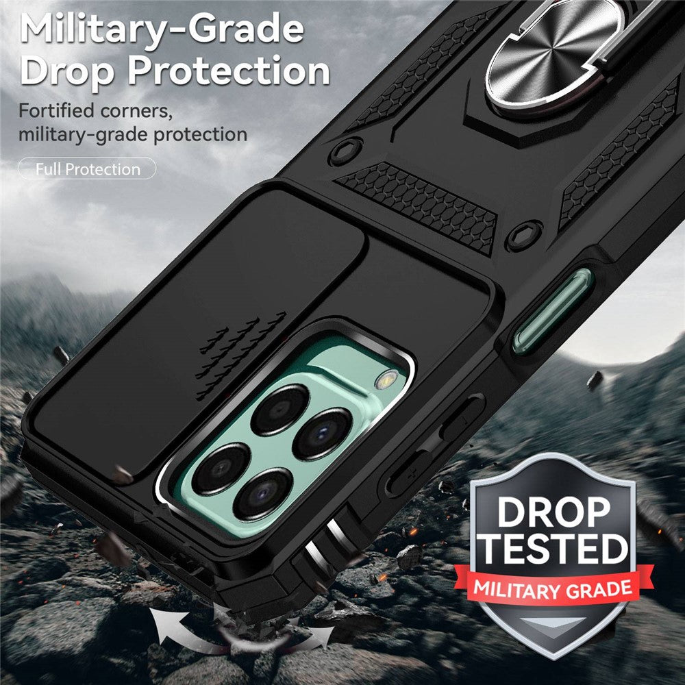 for Samsung Galaxy M33 5G (Global Version) Ring Kickstand Phone Case Anti-fall Protection Hard PC + TPU Shell with Slide Camera Protection Cover