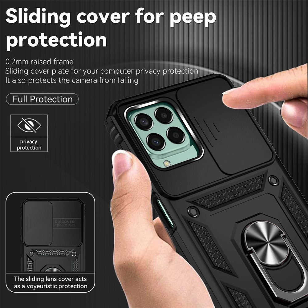 for Samsung Galaxy M33 5G (Global Version) Ring Kickstand Phone Case Anti-fall Protection Hard PC + TPU Shell with Slide Camera Protection Cover