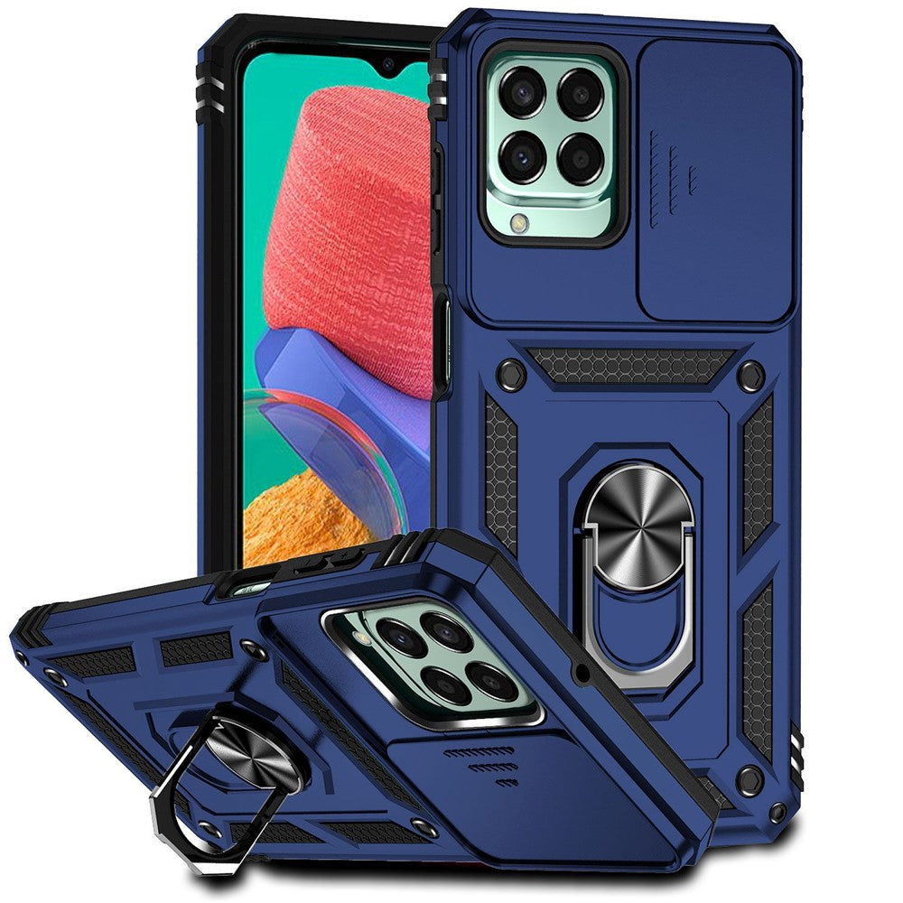 for Samsung Galaxy M33 5G (Global Version) Ring Kickstand Phone Case Anti-fall Protection Hard PC + TPU Shell with Slide Camera Protection Cover