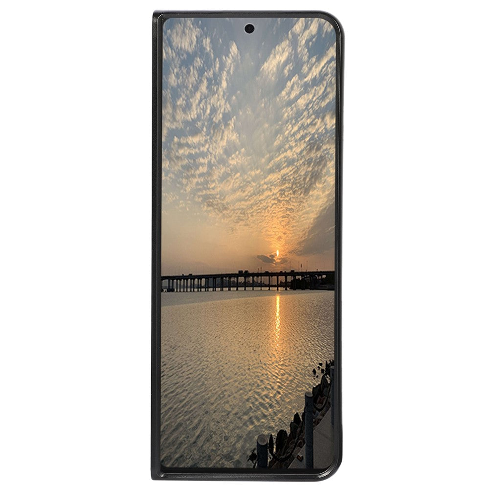 For Samsung Galaxy Z Fold4 5G Textured Genuine Leather Coating Back Cover Soft TPU Bumper Hard PC Shock-Absorption Phone Case