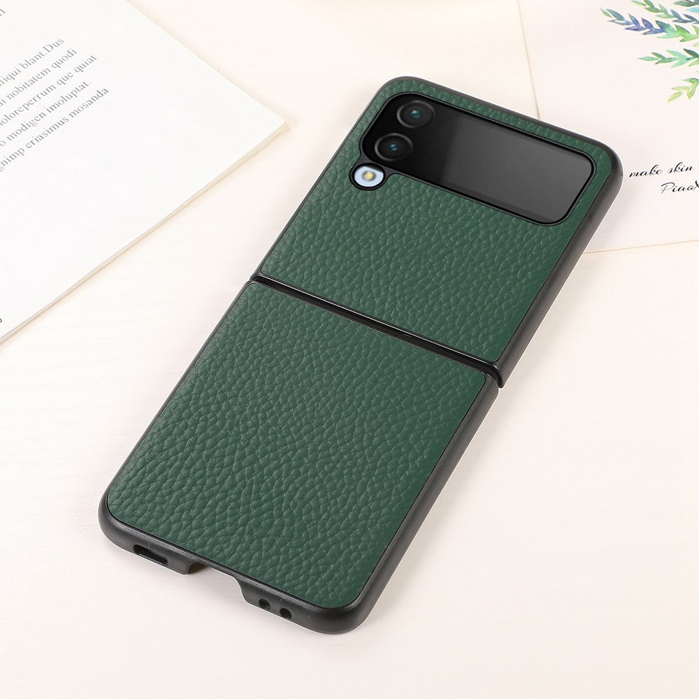 Til Samsung Galaxy Z Flip4 5G Litchi tekstur ægte læder telefoncover TPU+PC Hybrid Stødabsorberende skal