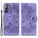 For Samsung Galaxy S22 5G Anti-fall Scratch-resistant Phone Wallet Case Cherry Blossom Cat Imprinted PU Leather Stand Well Protection Cellphone Cover with Strap