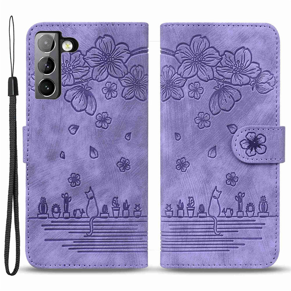 For Samsung Galaxy S22 5G Anti-fall Scratch-resistant Phone Wallet Case Cherry Blossom Cat Imprinted PU Leather Stand Well Protection Cellphone Cover with Strap