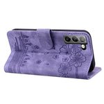 For Samsung Galaxy S22 5G Anti-fall Scratch-resistant Phone Wallet Case Cherry Blossom Cat Imprinted PU Leather Stand Well Protection Cellphone Cover with Strap