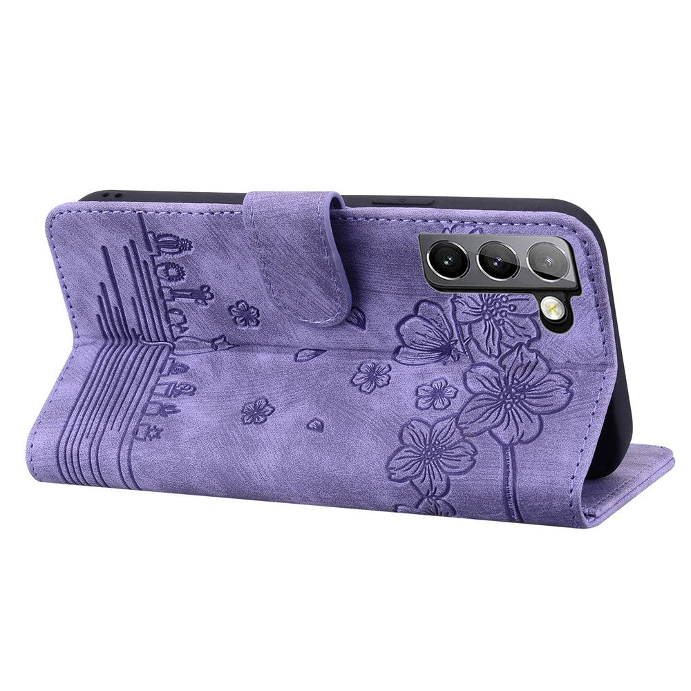 For Samsung Galaxy S22 5G Anti-fall Scratch-resistant Phone Wallet Case Cherry Blossom Cat Imprinted PU Leather Stand Well Protection Cellphone Cover with Strap