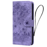 For Samsung Galaxy S22 5G Anti-fall Scratch-resistant Phone Wallet Case Cherry Blossom Cat Imprinted PU Leather Stand Well Protection Cellphone Cover with Strap