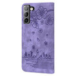 For Samsung Galaxy S22 5G Anti-fall Scratch-resistant Phone Wallet Case Cherry Blossom Cat Imprinted PU Leather Stand Well Protection Cellphone Cover with Strap
