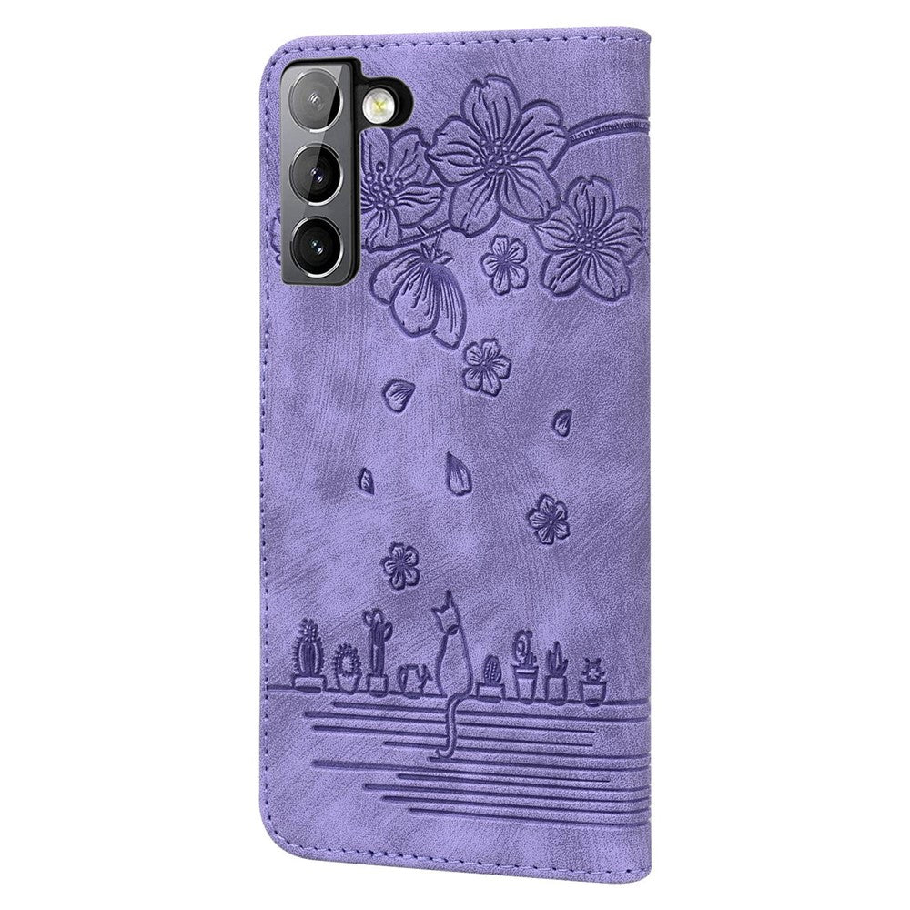 For Samsung Galaxy S22 5G Anti-fall Scratch-resistant Phone Wallet Case Cherry Blossom Cat Imprinted PU Leather Stand Well Protection Cellphone Cover with Strap