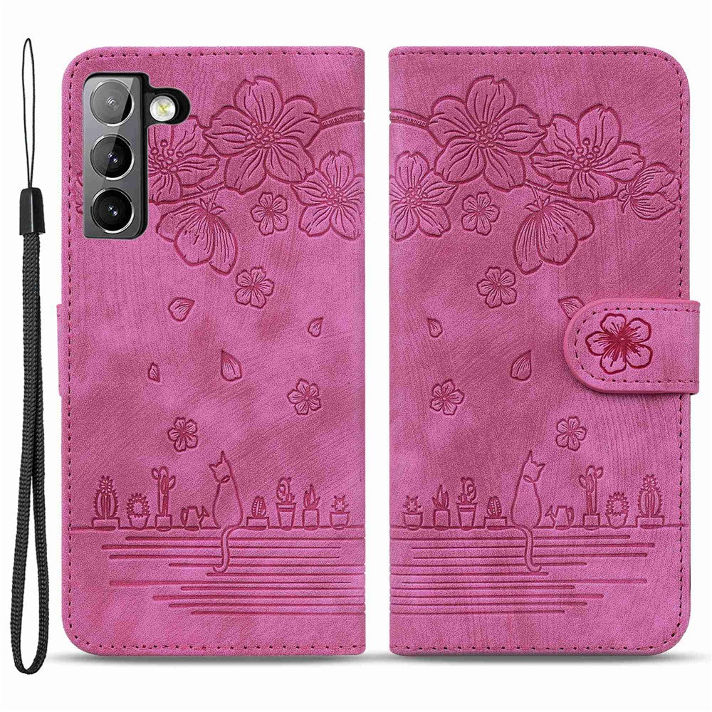 For Samsung Galaxy S22 5G Anti-fall Scratch-resistant Phone Wallet Case Cherry Blossom Cat Imprinted PU Leather Stand Well Protection Cellphone Cover with Strap