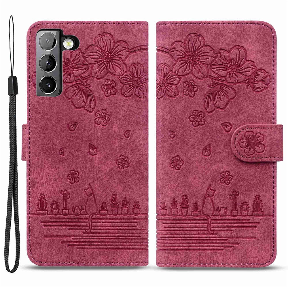 For Samsung Galaxy S22 5G Anti-fall Scratch-resistant Phone Wallet Case Cherry Blossom Cat Imprinted PU Leather Stand Well Protection Cellphone Cover with Strap