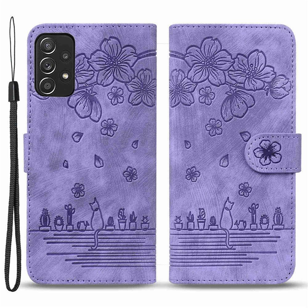 For Samsung Galaxy A53 5G Drop-proof Wallet Case Cherry Blossom Cat Imprinted PU Leather Stand Anti-scratch Flip Cover with Strap