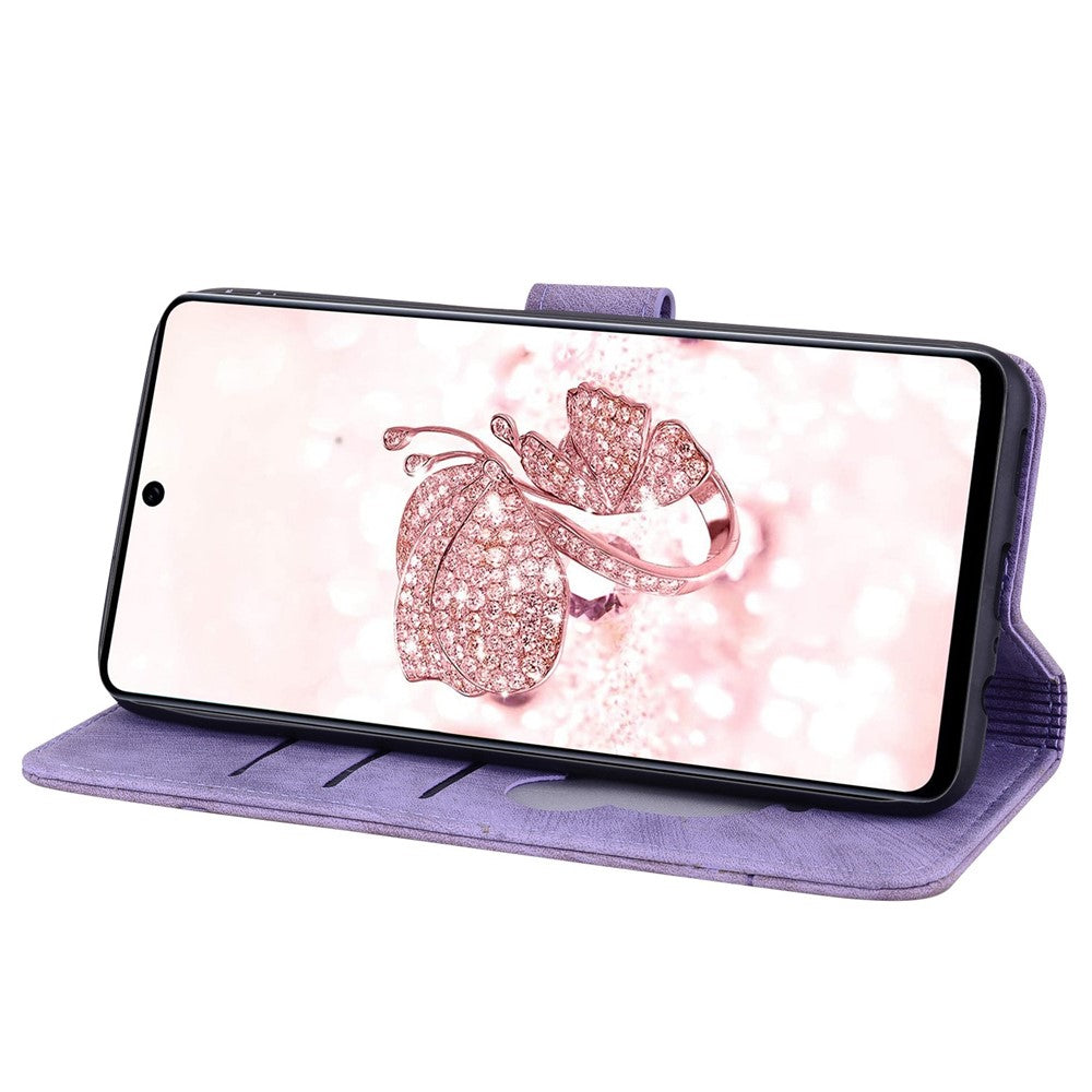 For Samsung Galaxy A53 5G Drop-proof Wallet Case Cherry Blossom Cat Imprinted PU Leather Stand Anti-scratch Flip Cover with Strap