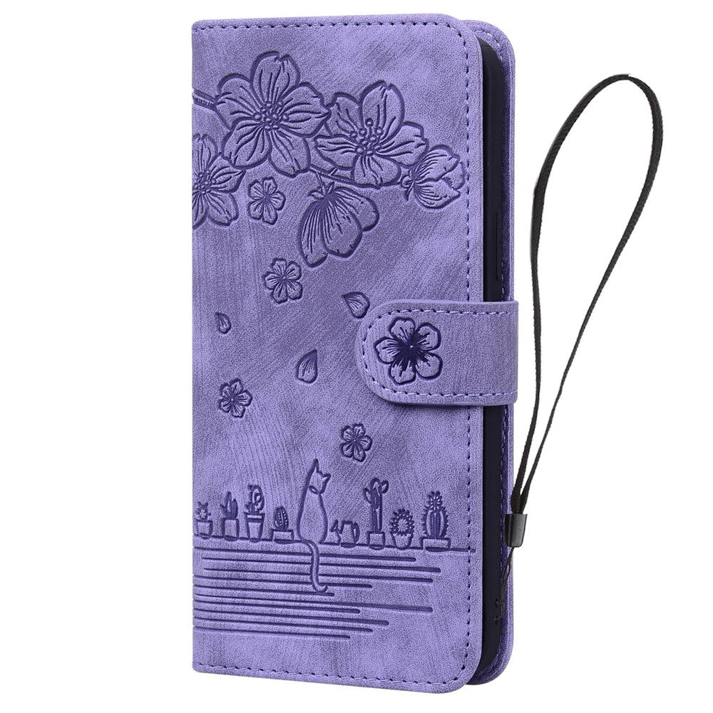 For Samsung Galaxy A53 5G Drop-proof Wallet Case Cherry Blossom Cat Imprinted PU Leather Stand Anti-scratch Flip Cover with Strap