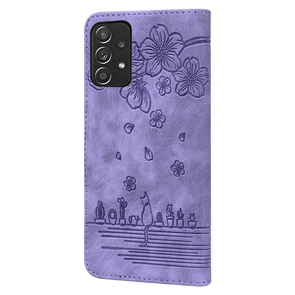 For Samsung Galaxy A53 5G Drop-proof Wallet Case Cherry Blossom Cat Imprinted PU Leather Stand Anti-scratch Flip Cover with Strap