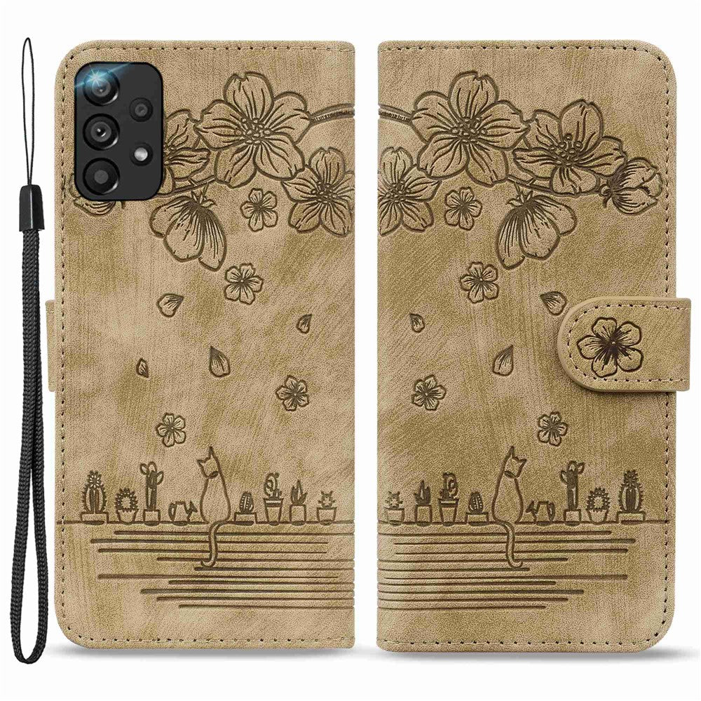 Til Samsung Galaxy A33 5G Anti-fald Fuld Dækning Telefon Pung Etui Kirsebærblomst Kat Imprægneret PU Læder Stativ Flip Cover med Strop
