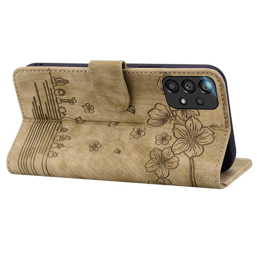 Til Samsung Galaxy A33 5G Anti-fald Fuld Dækning Telefon Pung Etui Kirsebærblomst Kat Imprægneret PU Læder Stativ Flip Cover med Strop