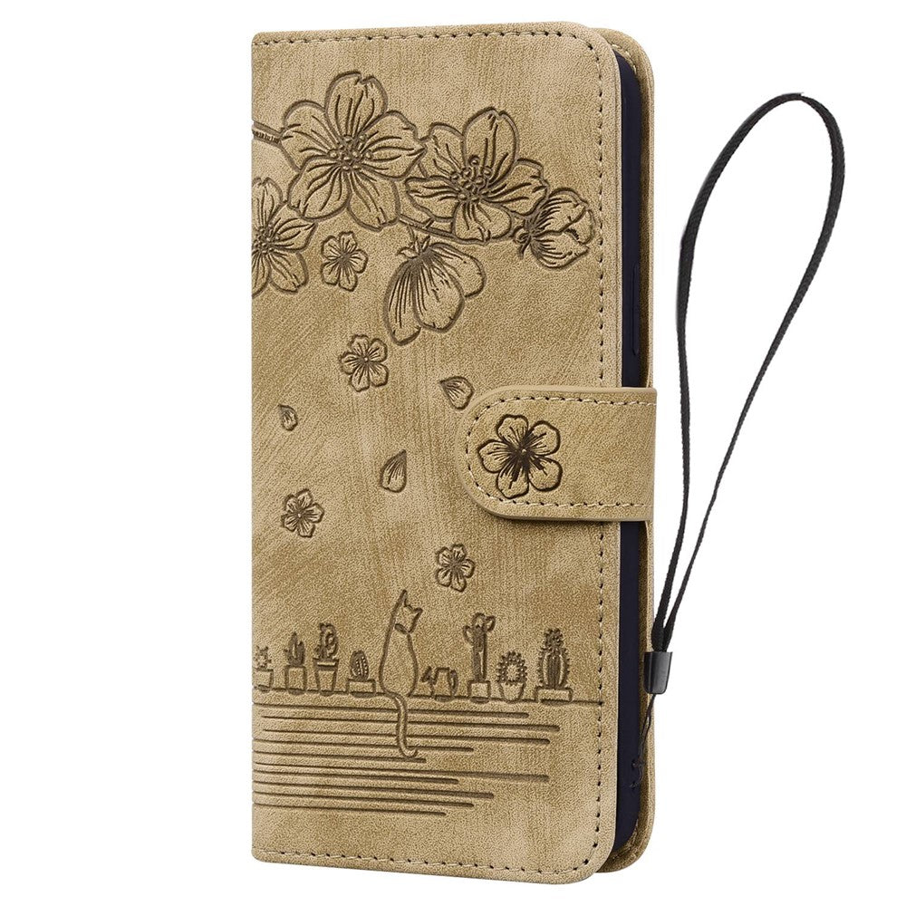 Til Samsung Galaxy A33 5G Anti-fald Fuld Dækning Telefon Pung Etui Kirsebærblomst Kat Imprægneret PU Læder Stativ Flip Cover med Strop
