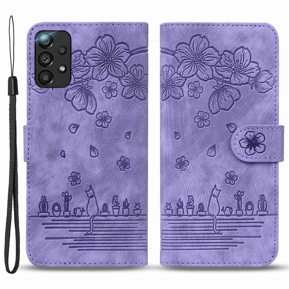 Til Samsung Galaxy A33 5G Anti-fald Fuld Dækning Telefon Pung Etui Kirsebærblomst Kat Imprægneret PU Læder Stativ Flip Cover med Strop