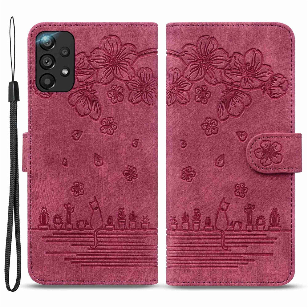 Til Samsung Galaxy A33 5G Anti-fald Fuld Dækning Telefon Pung Etui Kirsebærblomst Kat Imprægneret PU Læder Stativ Flip Cover med Strop