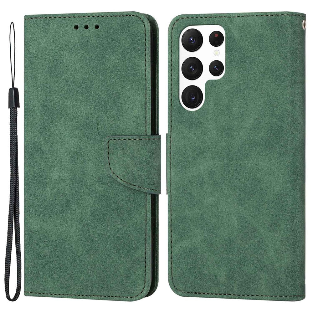 For Samsung Galaxy S22 Ultra 5G Solid Color Drop-proof Phone Case PU Leather Wallet Stand Cover