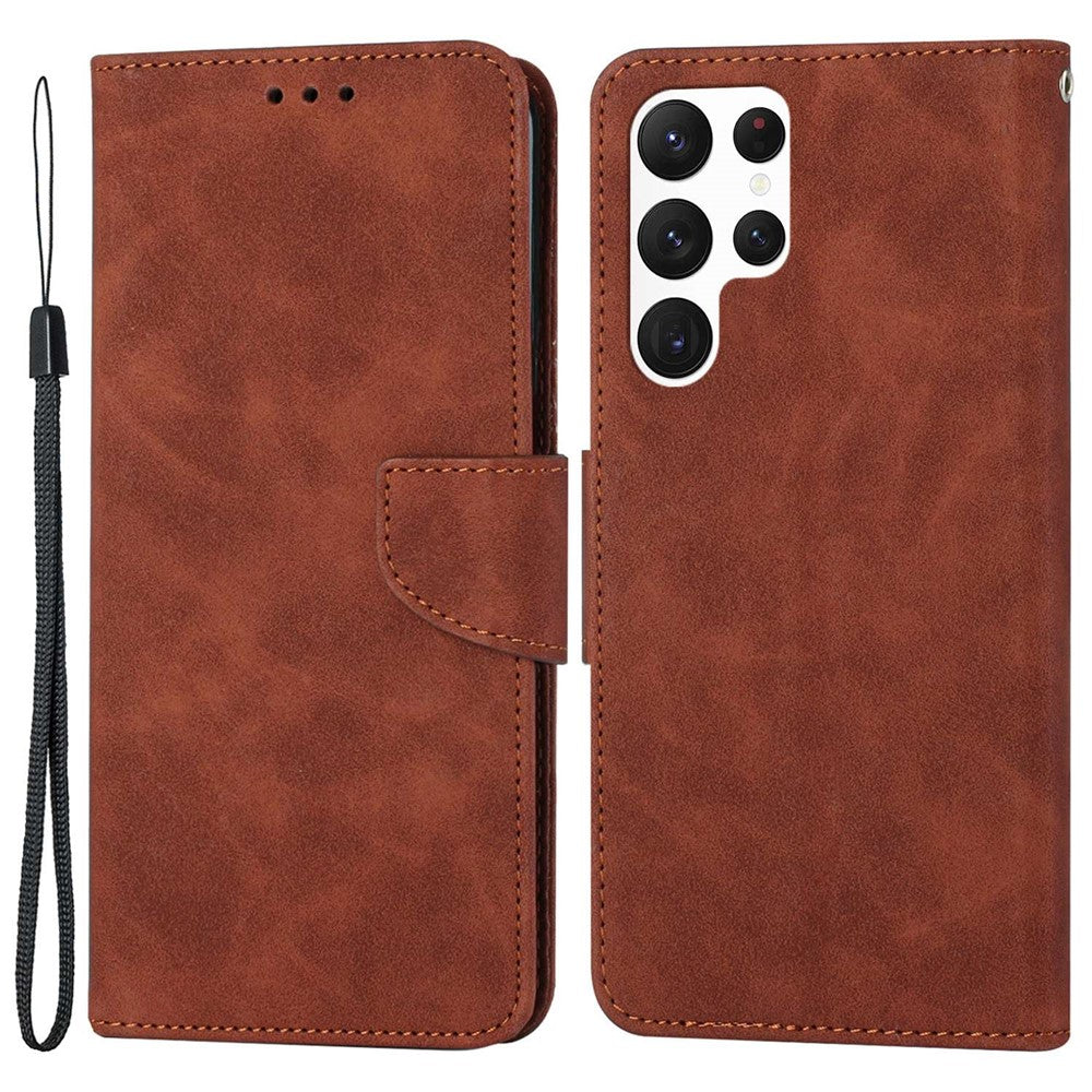For Samsung Galaxy S22 Ultra 5G Solid Color Drop-proof Phone Case PU Leather Wallet Stand Cover