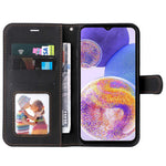 For Samsung Galaxy A23 5G (Global Version) / 4G Mobile Phone Bag Shell PU Leather Wallet Stand Three-color Splicing Style Phone Protection Case