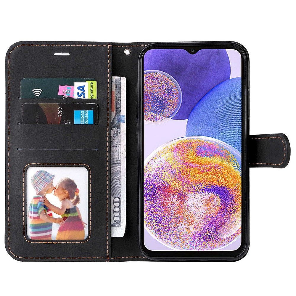 For Samsung Galaxy A23 5G (Global Version) / 4G Mobile Phone Bag Shell PU Leather Wallet Stand Three-color Splicing Style Phone Protection Case