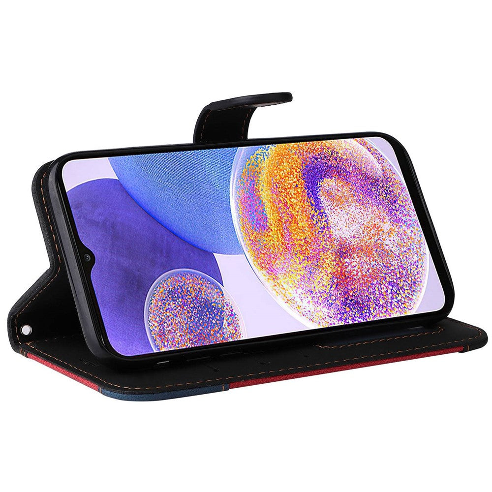 For Samsung Galaxy A23 5G (Global Version) / 4G Mobile Phone Bag Shell PU Leather Wallet Stand Three-color Splicing Style Phone Protection Case