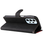 For Samsung Galaxy A23 5G (Global Version) / 4G Mobile Phone Bag Shell PU Leather Wallet Stand Three-color Splicing Style Phone Protection Case