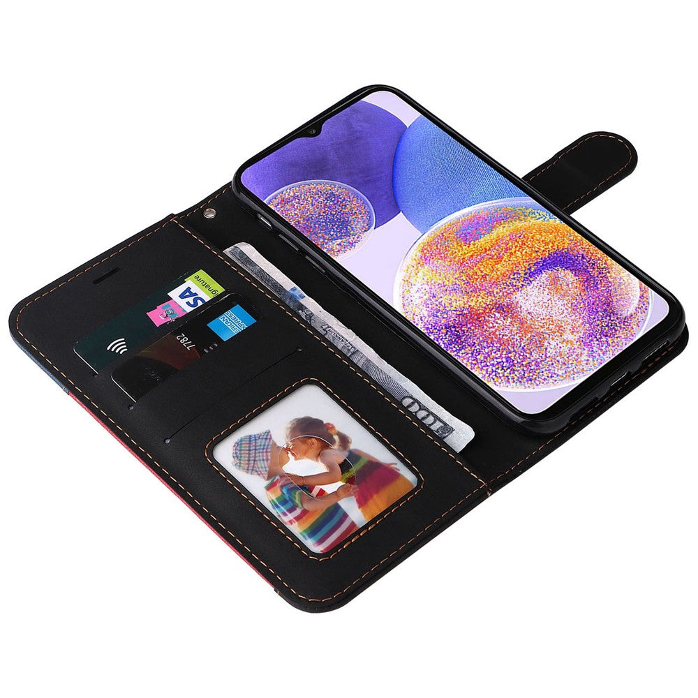 For Samsung Galaxy A23 5G (Global Version) / 4G Mobile Phone Bag Shell PU Leather Wallet Stand Three-color Splicing Style Phone Protection Case