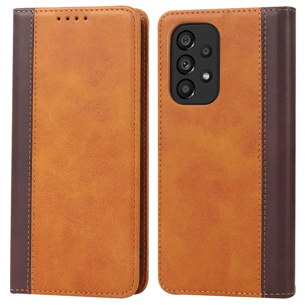 For Samsung Galaxy A53 5G Bi-color Splicing Magnetic Auto-absorbed PU Leather Phone Case with Wallet Stand