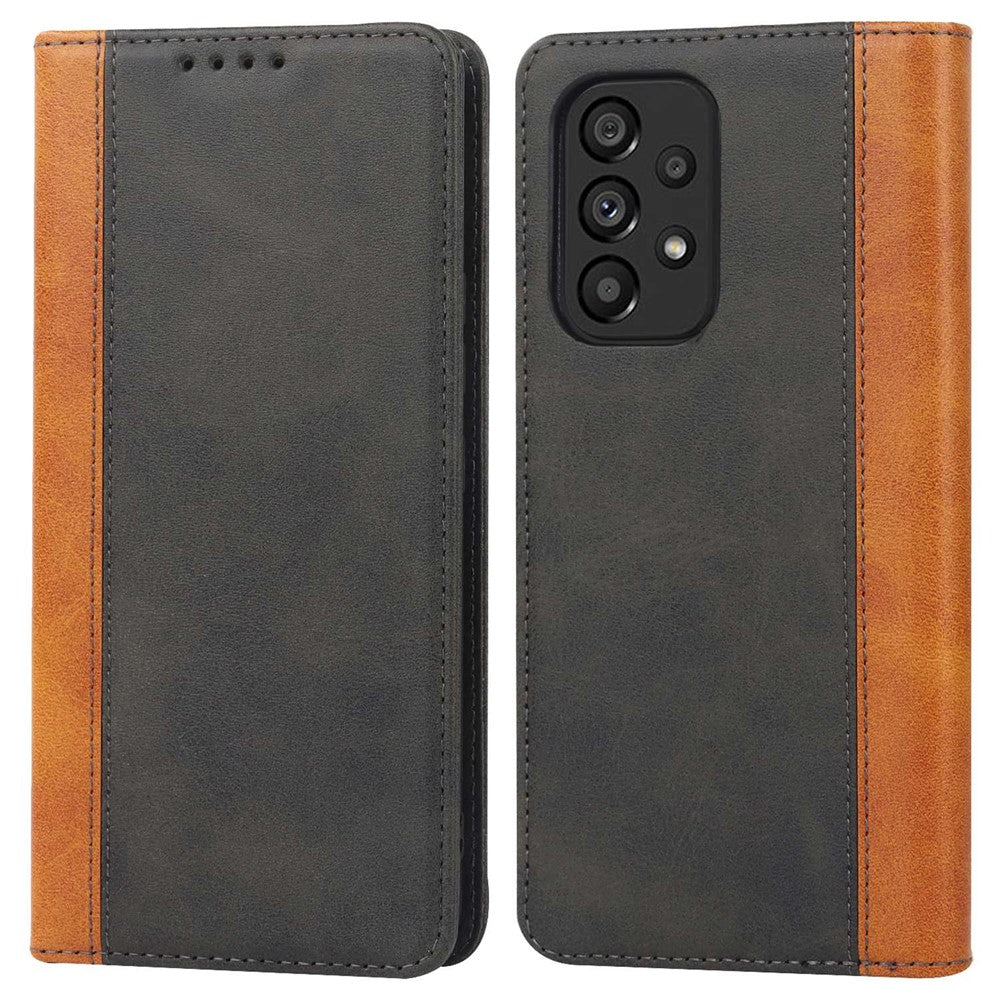 For Samsung Galaxy A53 5G Bi-color Splicing Magnetic Auto-absorbed PU Leather Phone Case with Wallet Stand