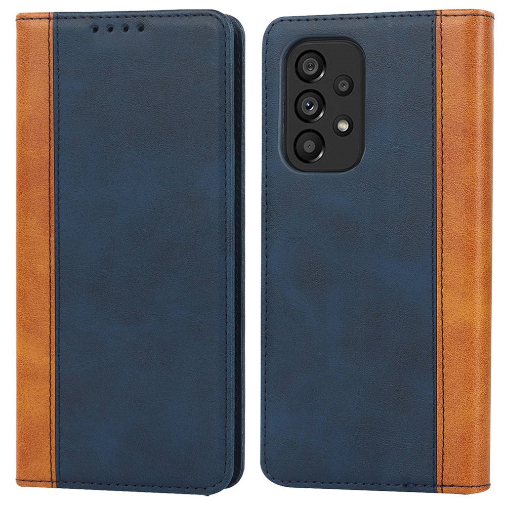 For Samsung Galaxy A53 5G Bi-color Splicing Magnetic Auto-absorbed PU Leather Phone Case with Wallet Stand